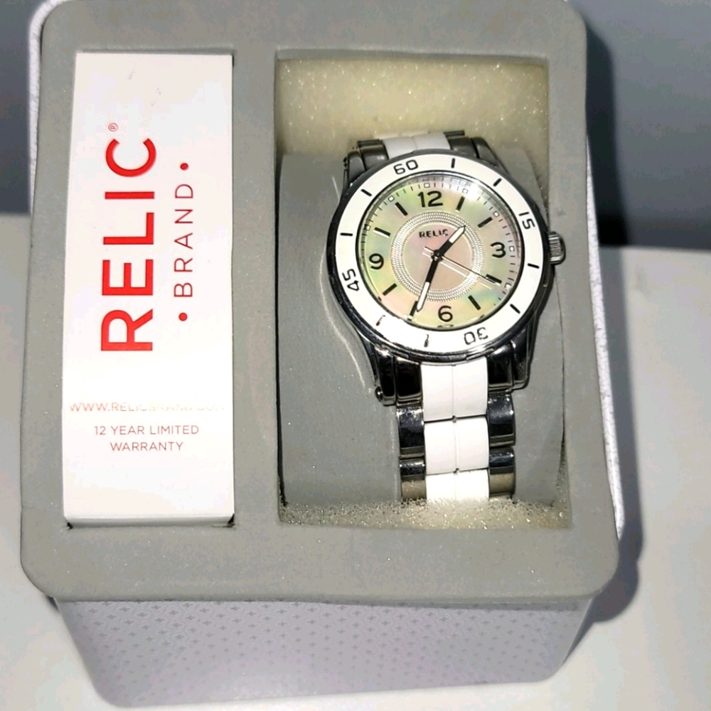 Relic white and stainless steel watch